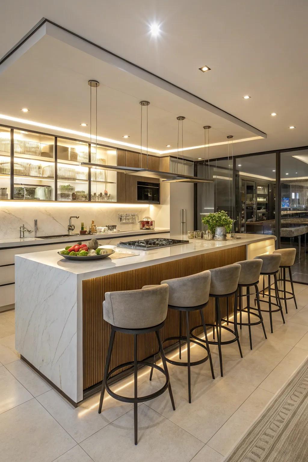 Bar seating around the kitchen island fosters relaxed socializing.