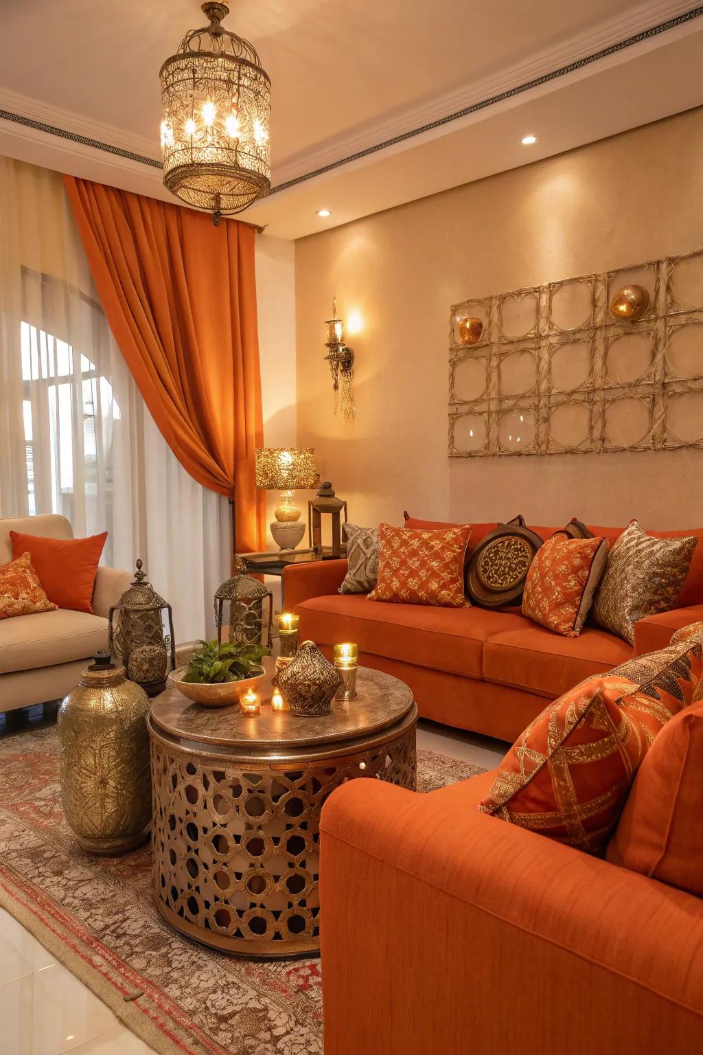 A luxurious living room showcasing orange decor and glistening metallic highlights.