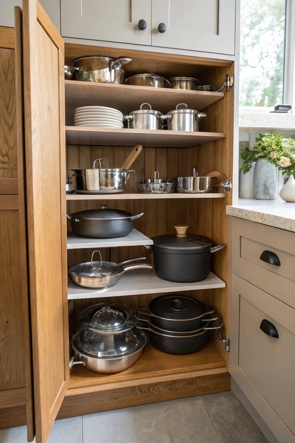 Layered shelves neatly organizing cookware in a cupboard.