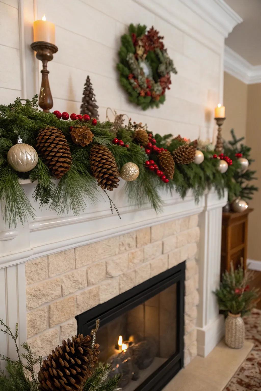 An organic-inspired mantel featuring ornaments and greenery.