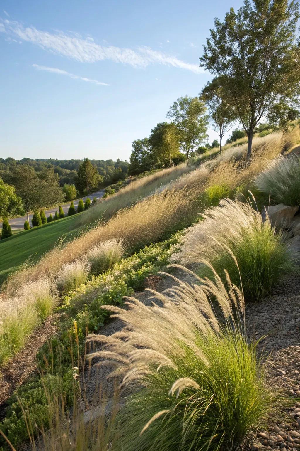 Grasses give natural disintegration command on inclines.