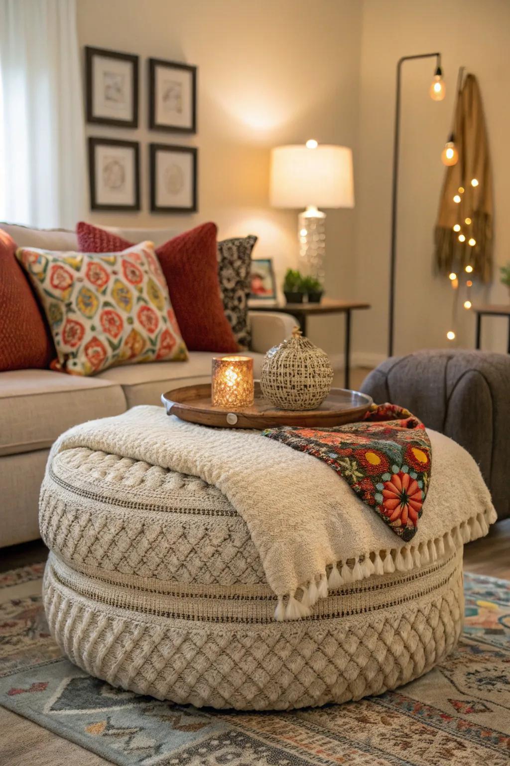 Layers of texture on an ottoman for added warmth and style.