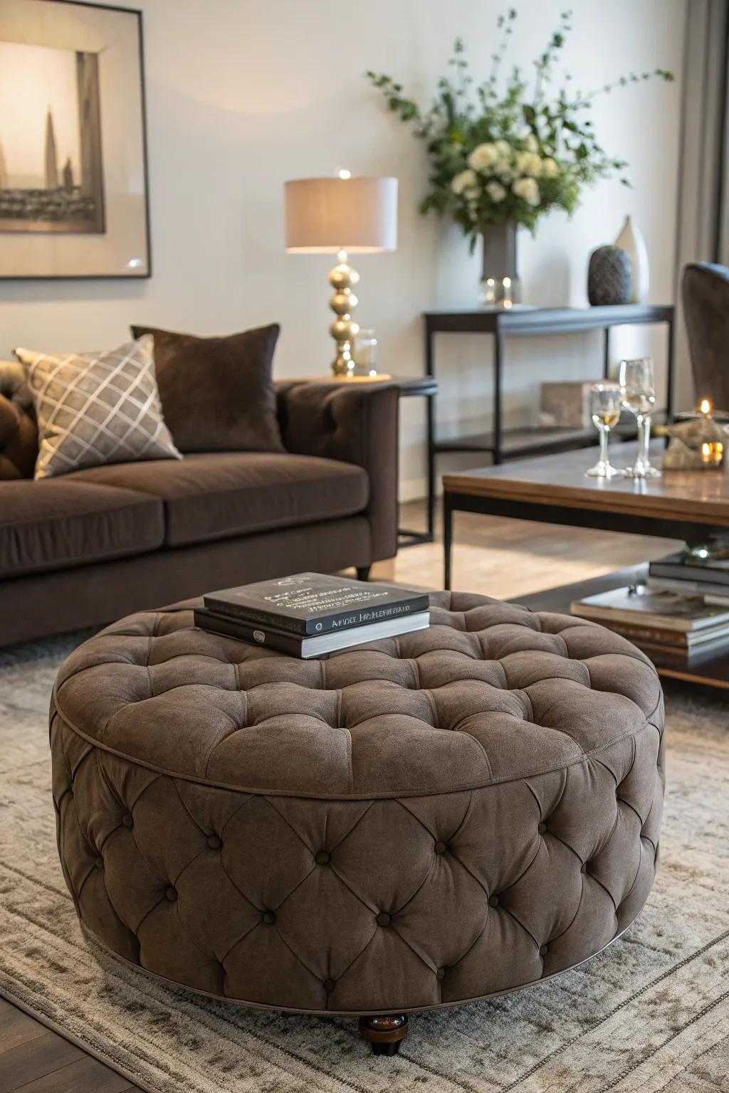 A button-tufted ottoman enriching the texture of the decor
