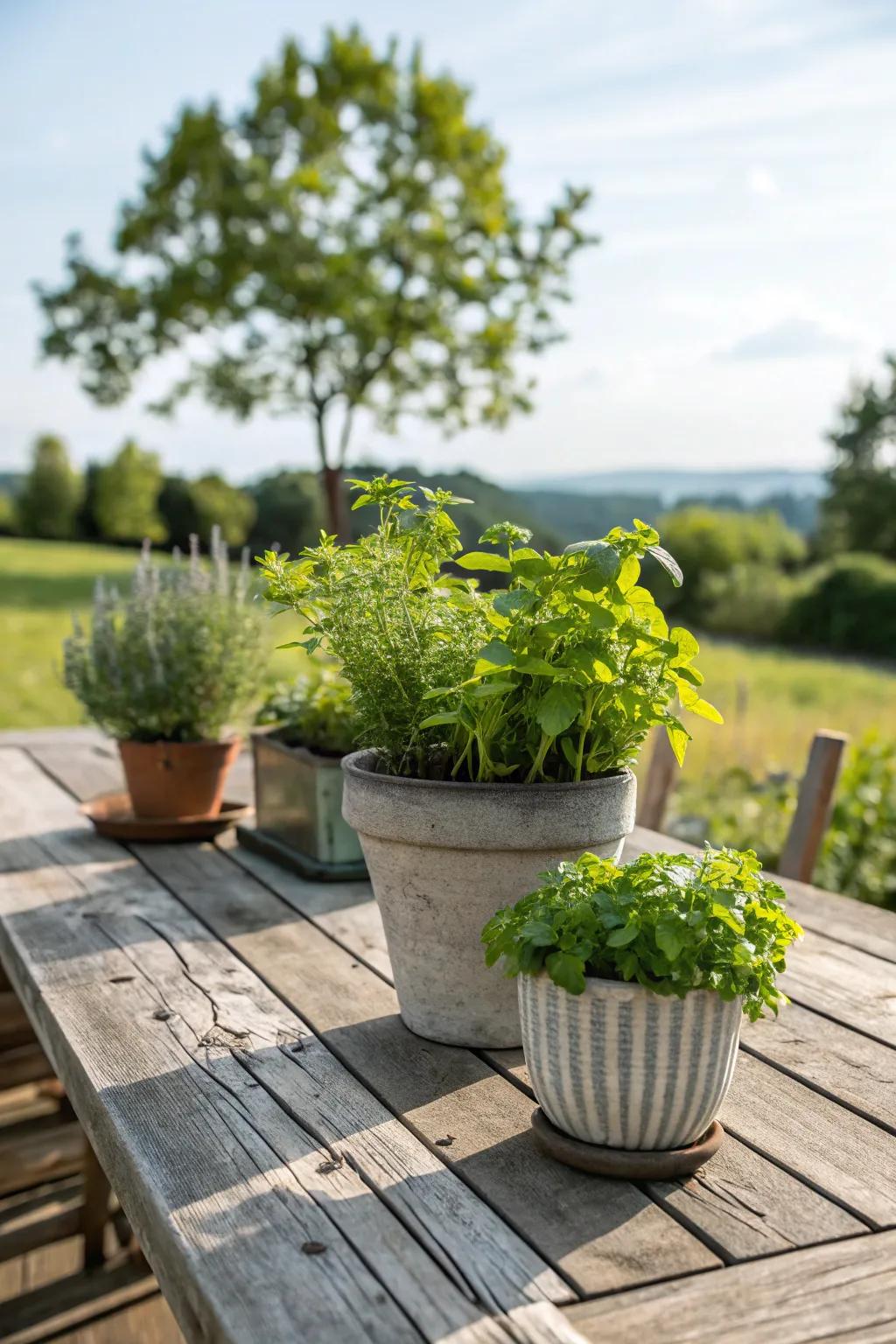 Potted culinary herbs incorporate a delightful aroma and visual appeal.