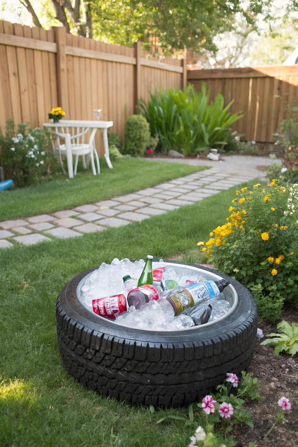 A reclaimed auto tire cooler is both ecologically sound and unique.