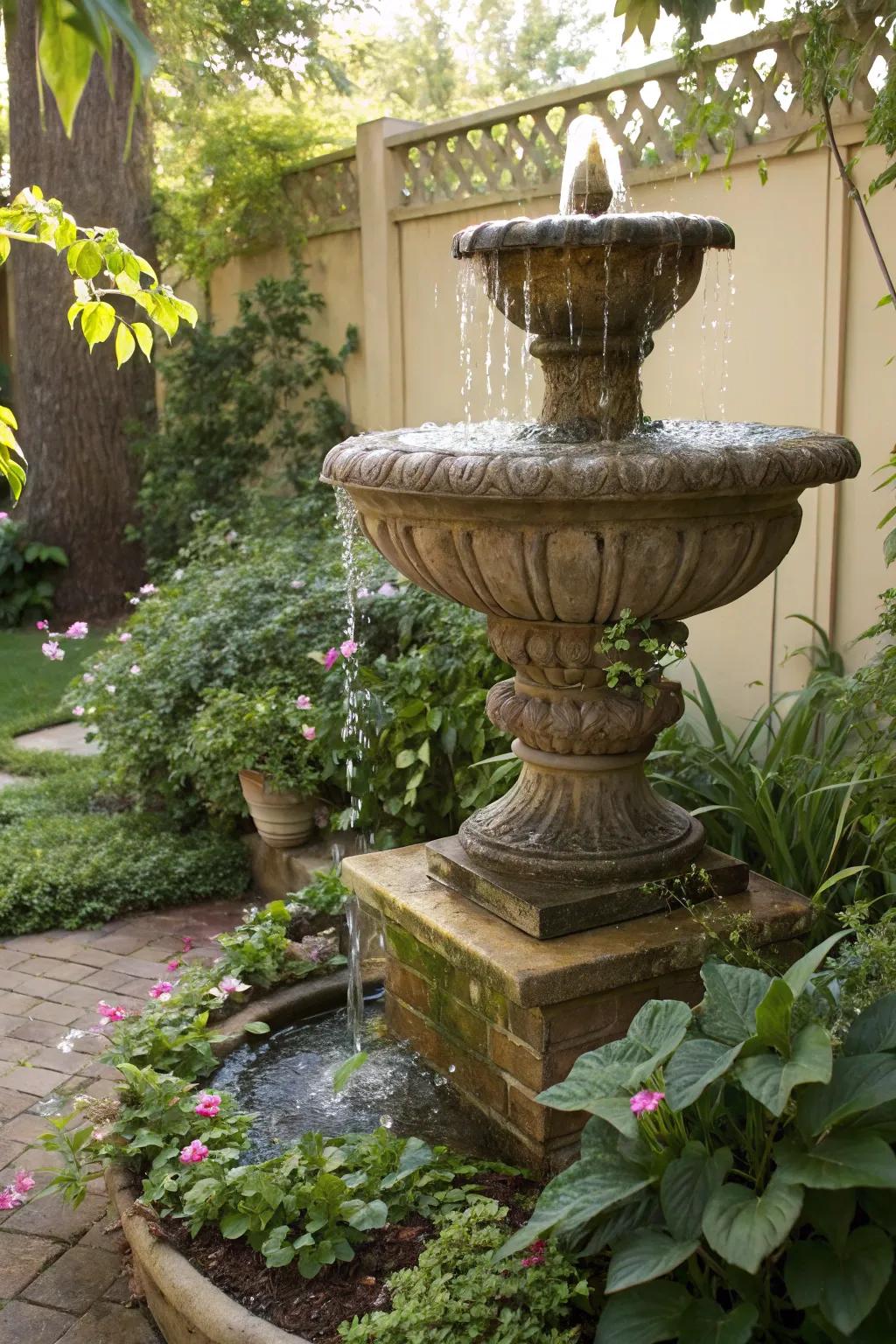 Jar fountains add a charming rustic element to gardens and patios.