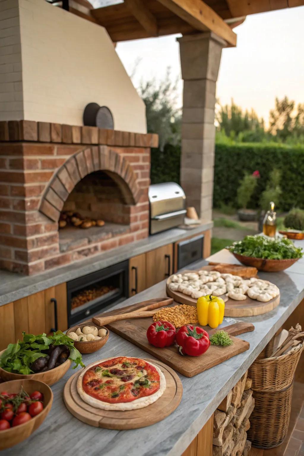 An outdoor cooking area complemented by an exceptional pizza oven.