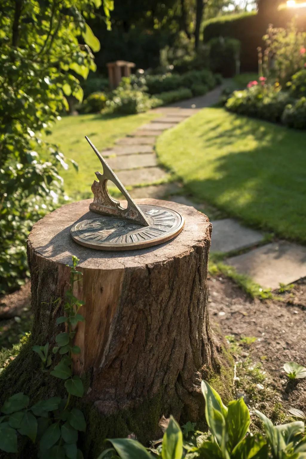 A solar timer on a stump appends a stroke of antiquity and allure.
