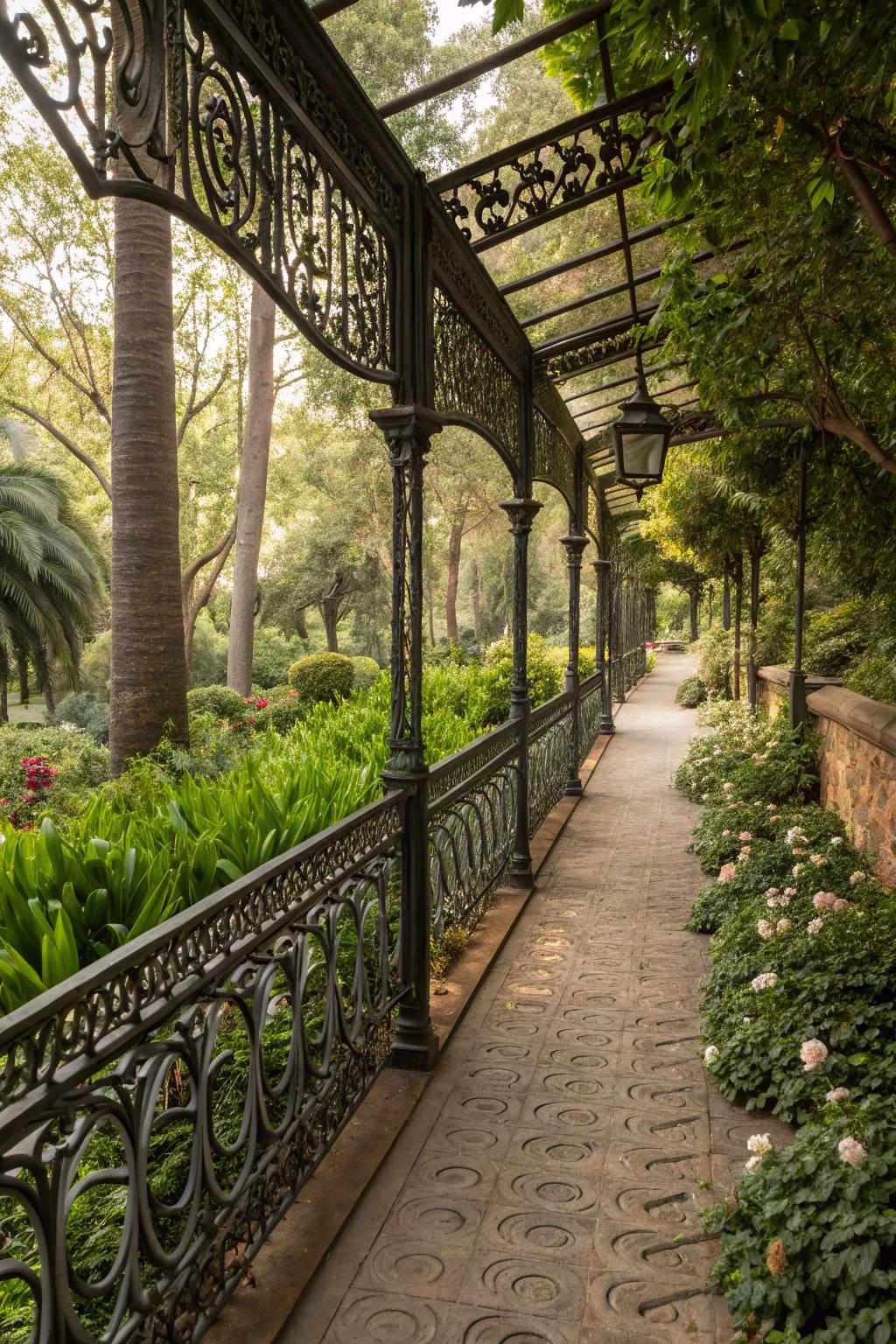Detailed created iron boundaries enhance artistry to outdoor paths.