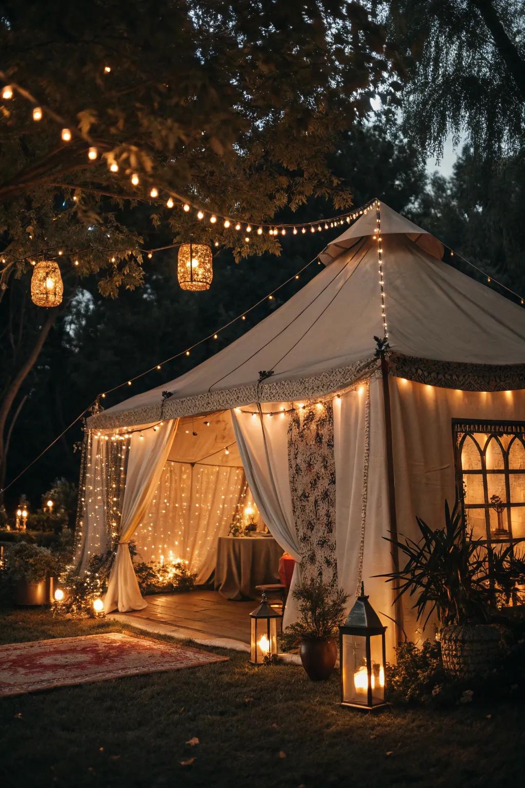 Gentle lighting adds warmth and charm to a nighttime festivity.