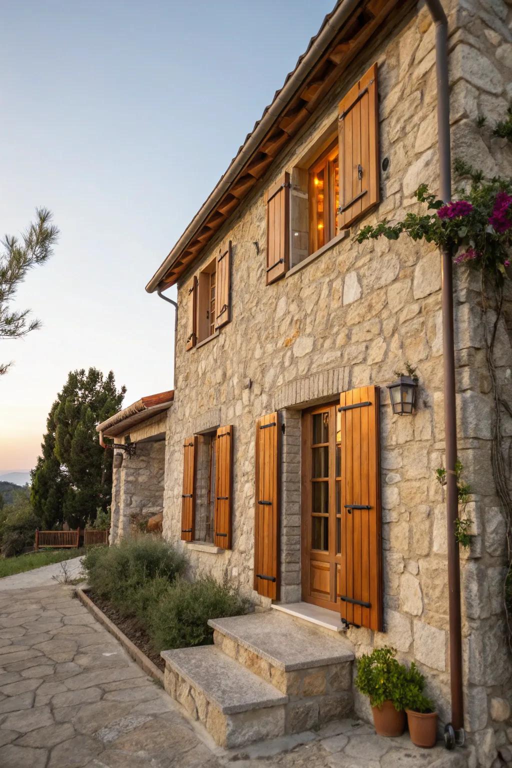 Stone house enhanced by warm natural wood shutters.