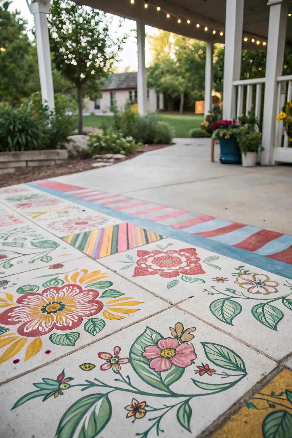 A patio with mixed designs that reflects a unique artistic style.