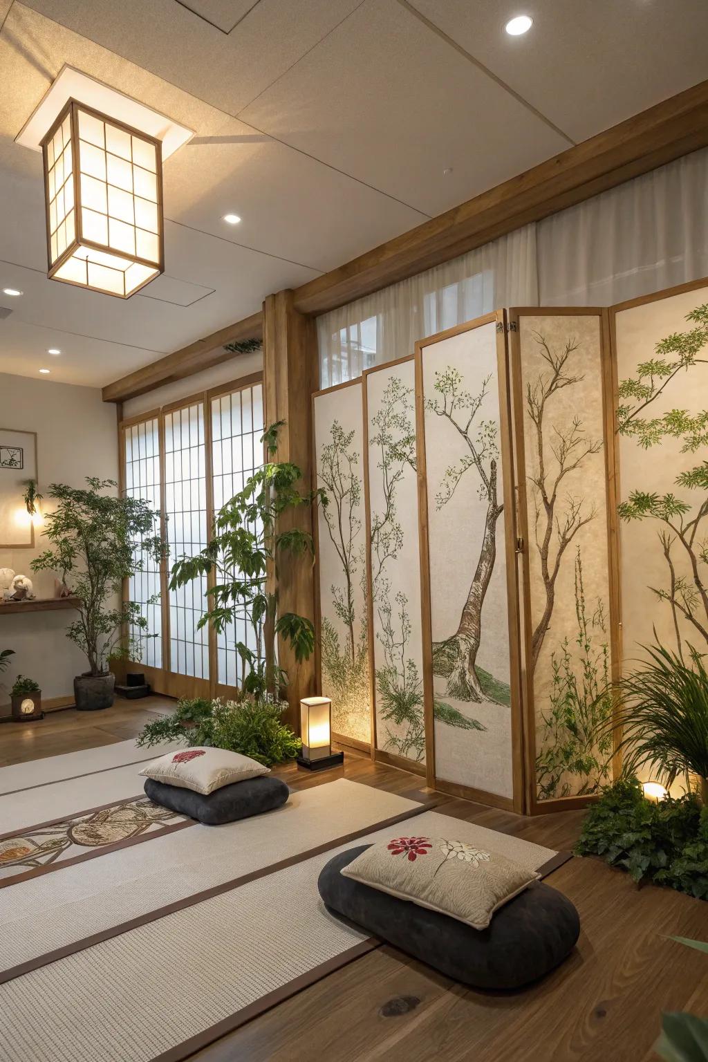 Serene space showcasing natural element panels for a Zen ambiance.