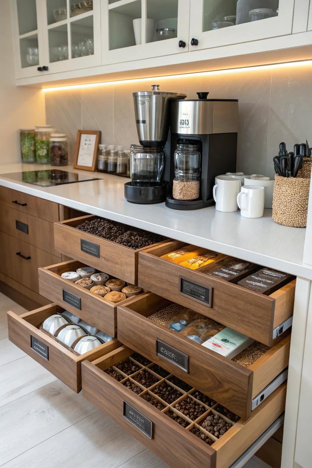 Pull-out shelves render accessing your coffee supplies as easy as can be.