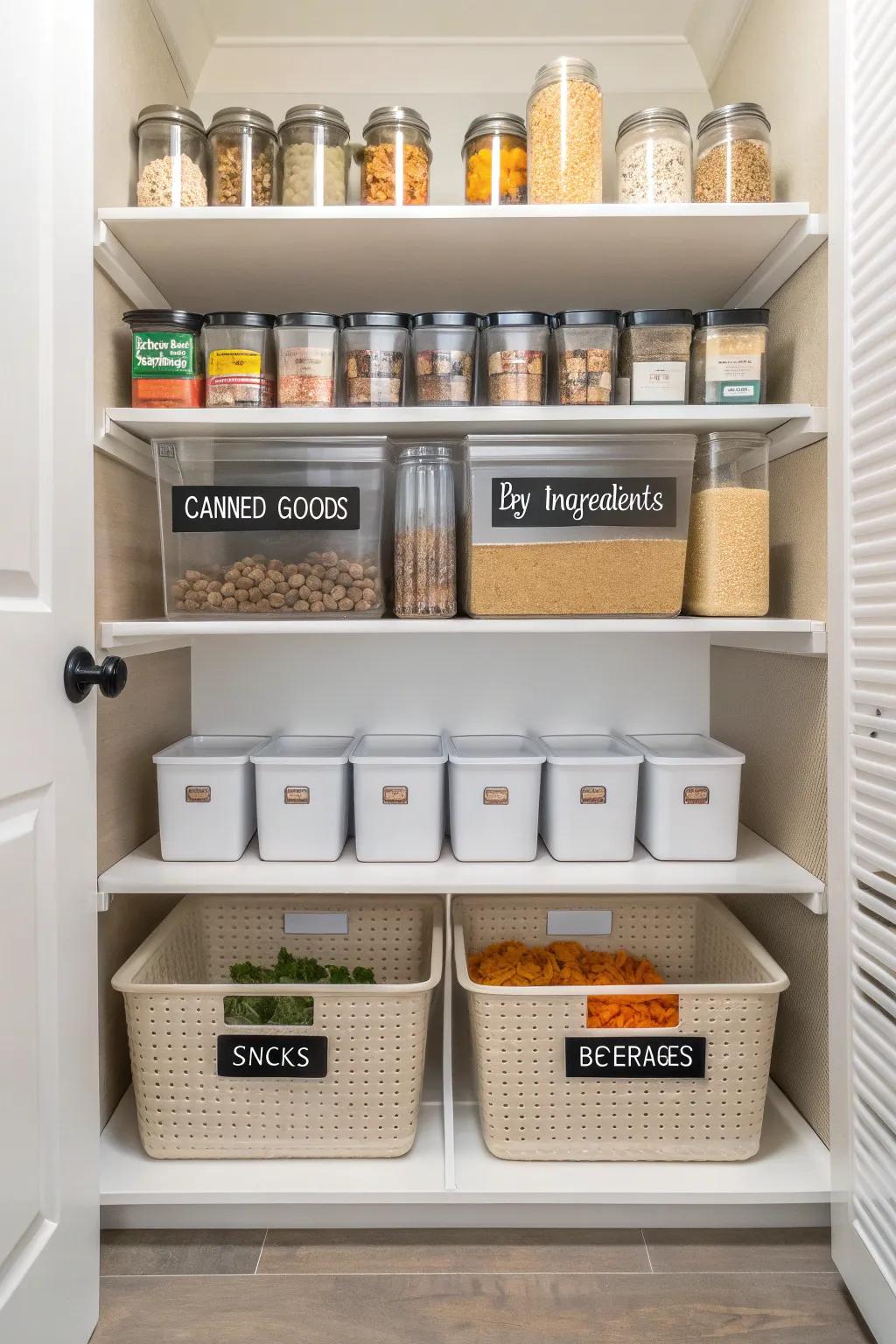 Compartmentalized pantry with designated spots for various food sorts encourages efficient organization.