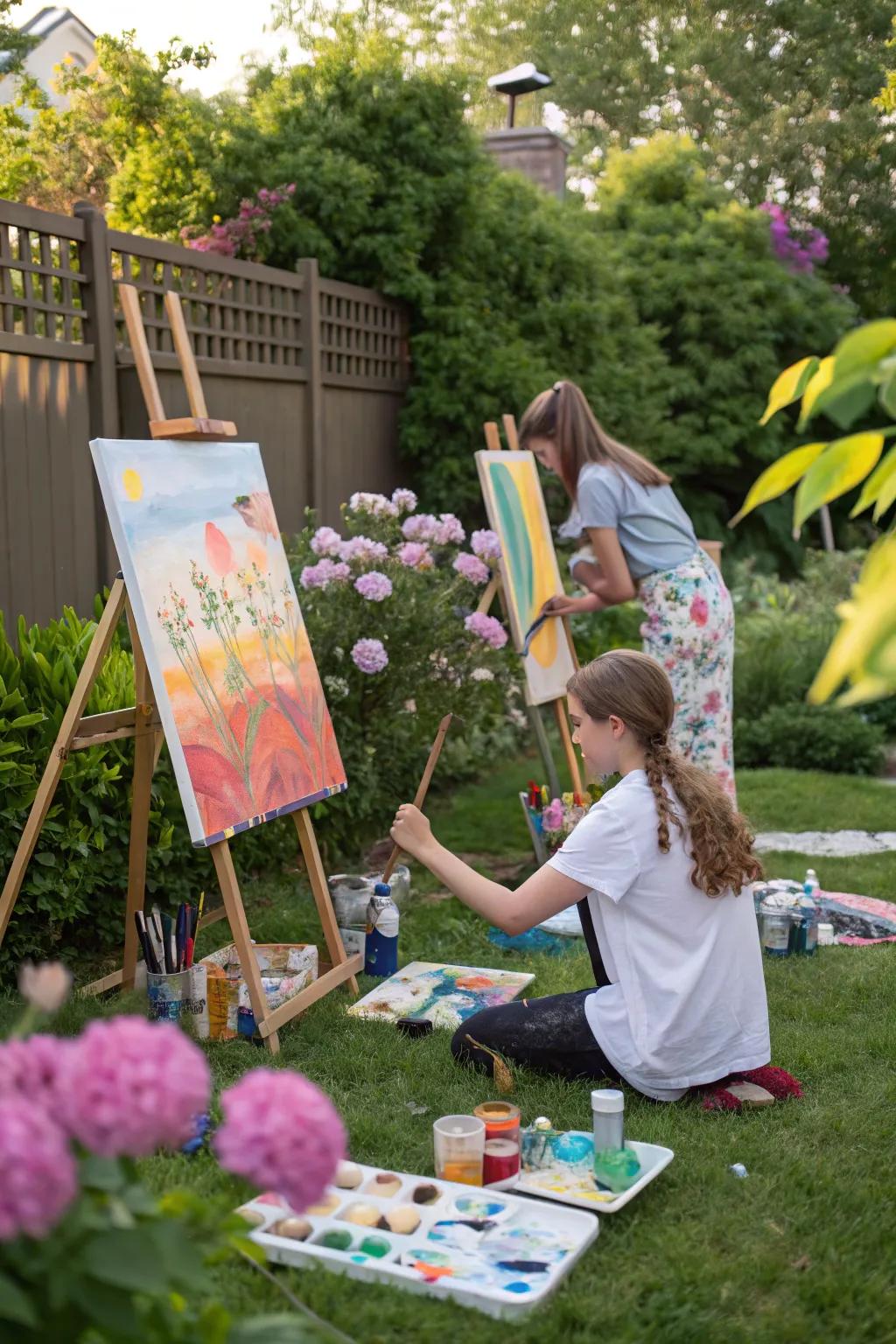 Teens expressing their creativity at an outdoor painting party with bright colors.