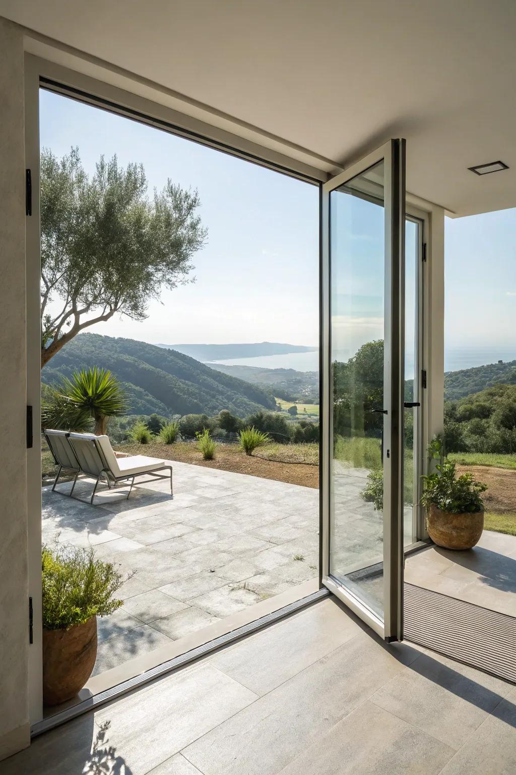Boundary-free clear entrances merge modern-day design using continuous vistas.