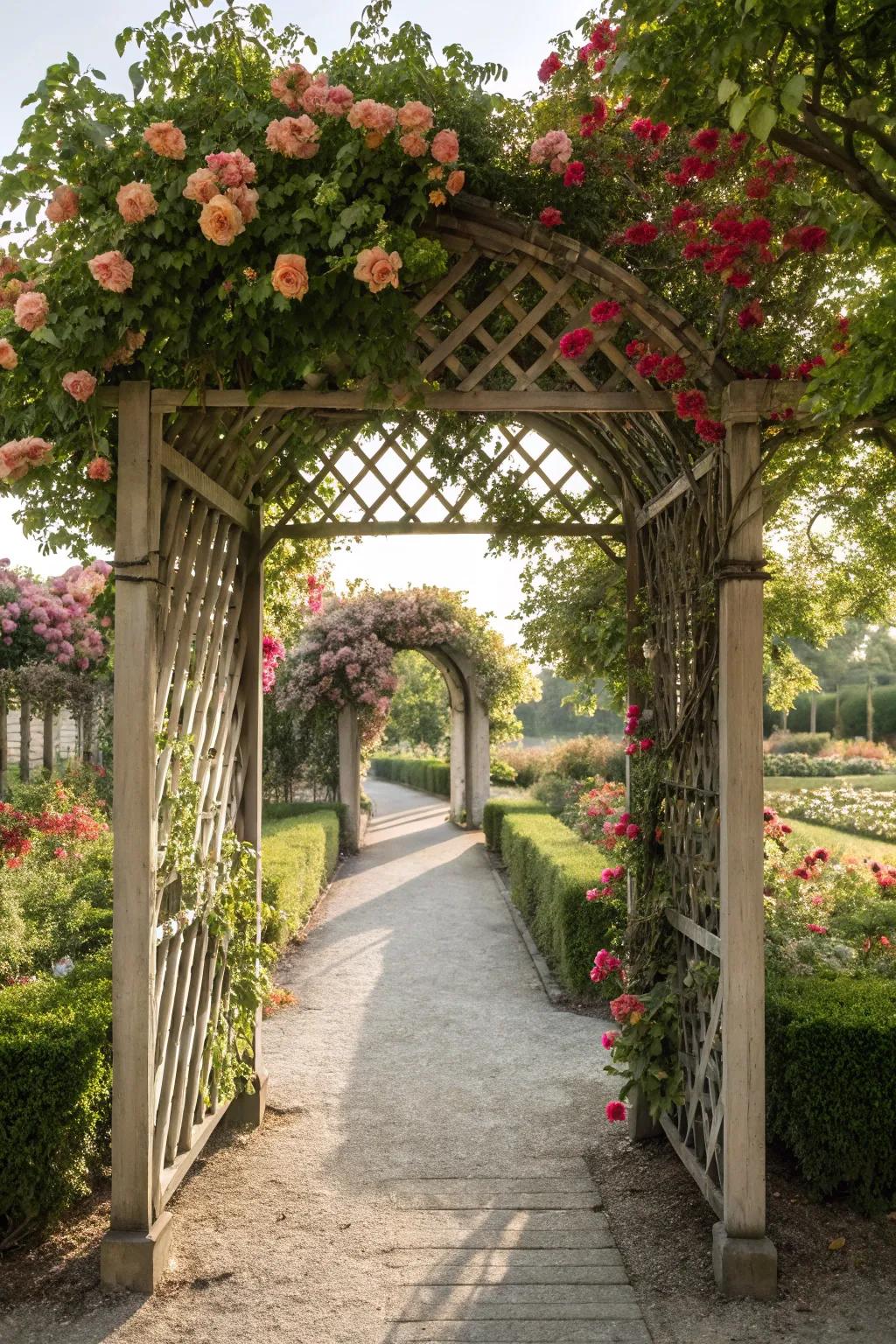 A vine-enclosed fretwork portal generates an inviting commencement to your garden trail.