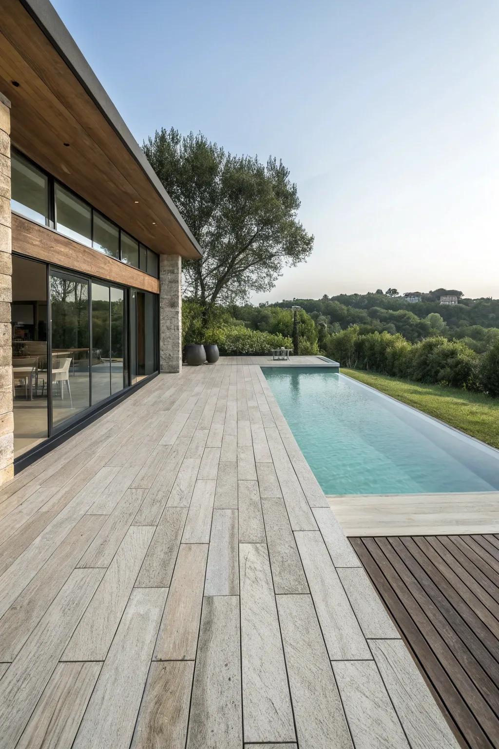 To create a distinctive pool deck, combine materials.