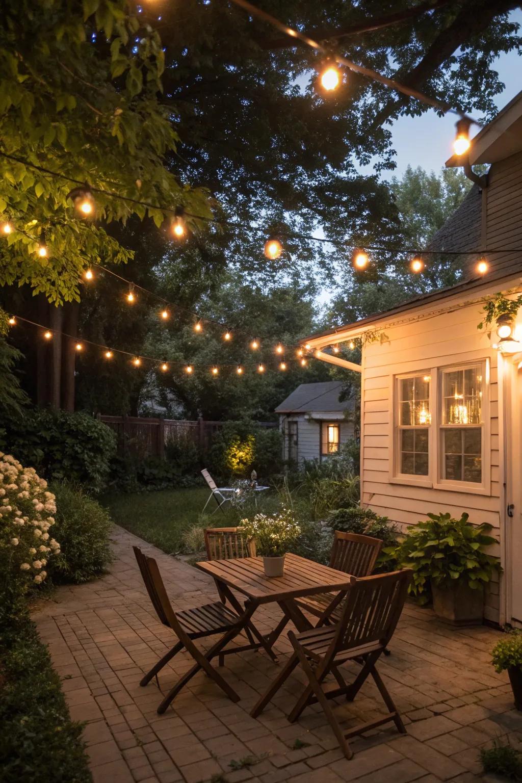 String lights cast a warm glow on a small patio.