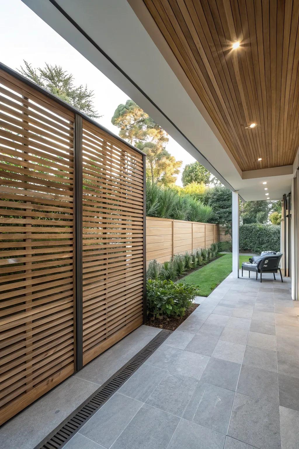 A modern patio featuring a striped timber layout.