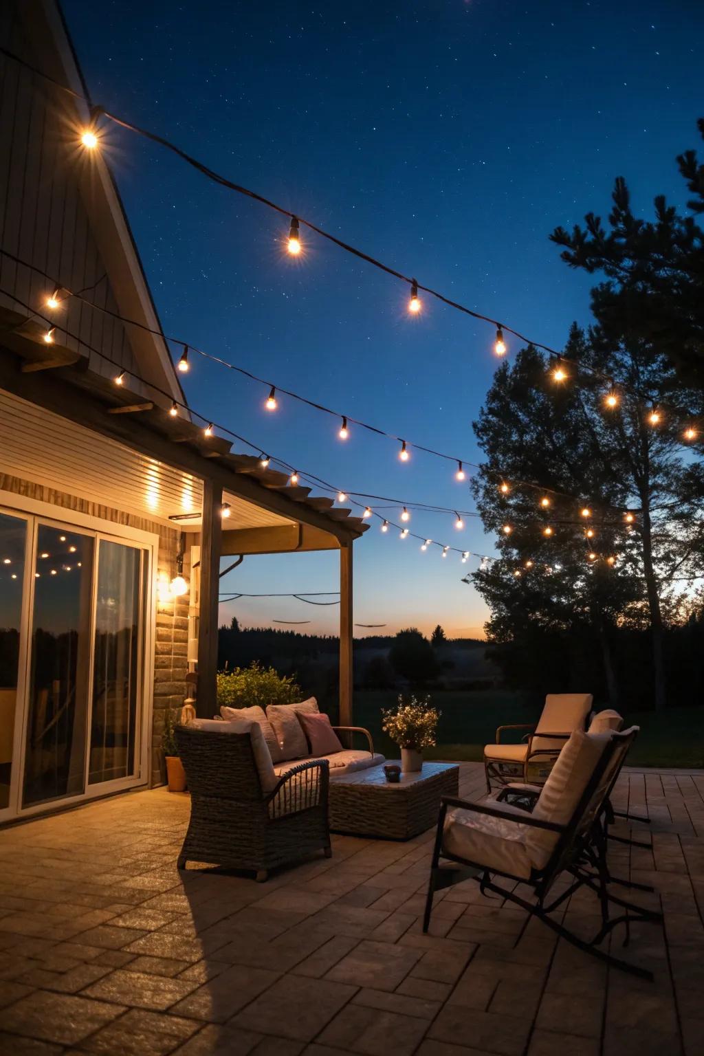 Hanging lights contribute a magical element to the patio.