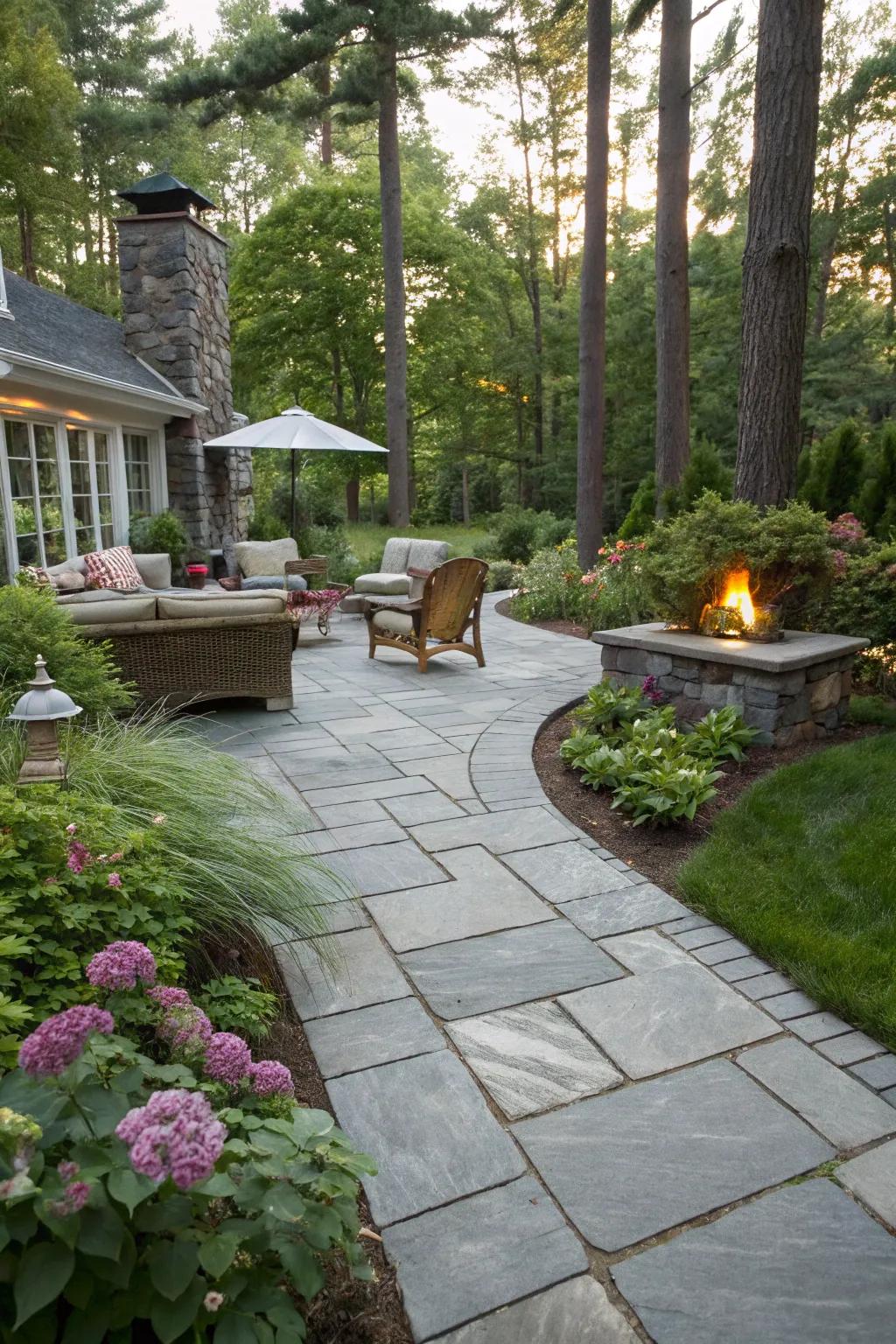 A sophisticated slate walkway leading to a peaceful backyard retreat.
