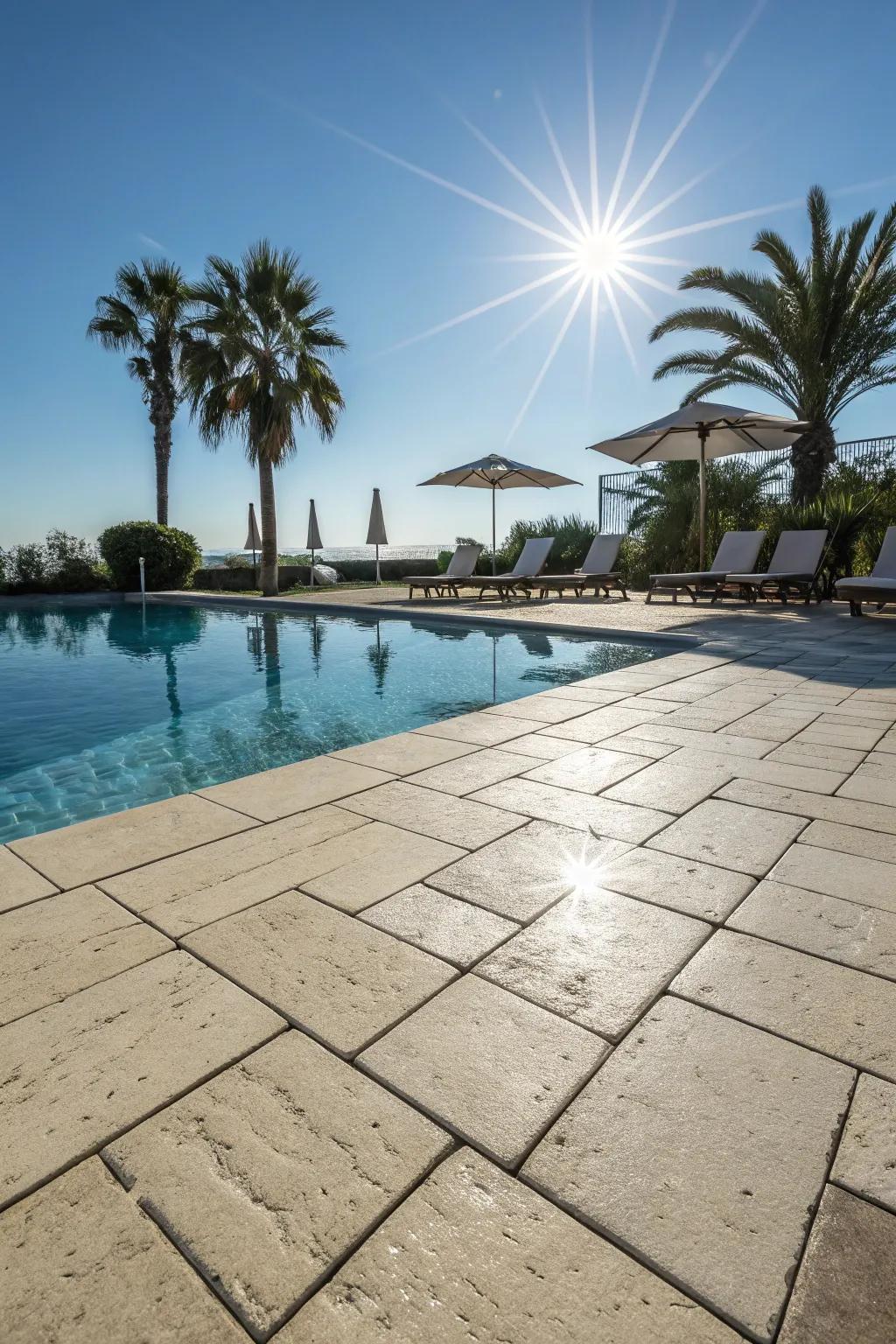 Light-colored pavers help keep the pool deck cool and comfortable.