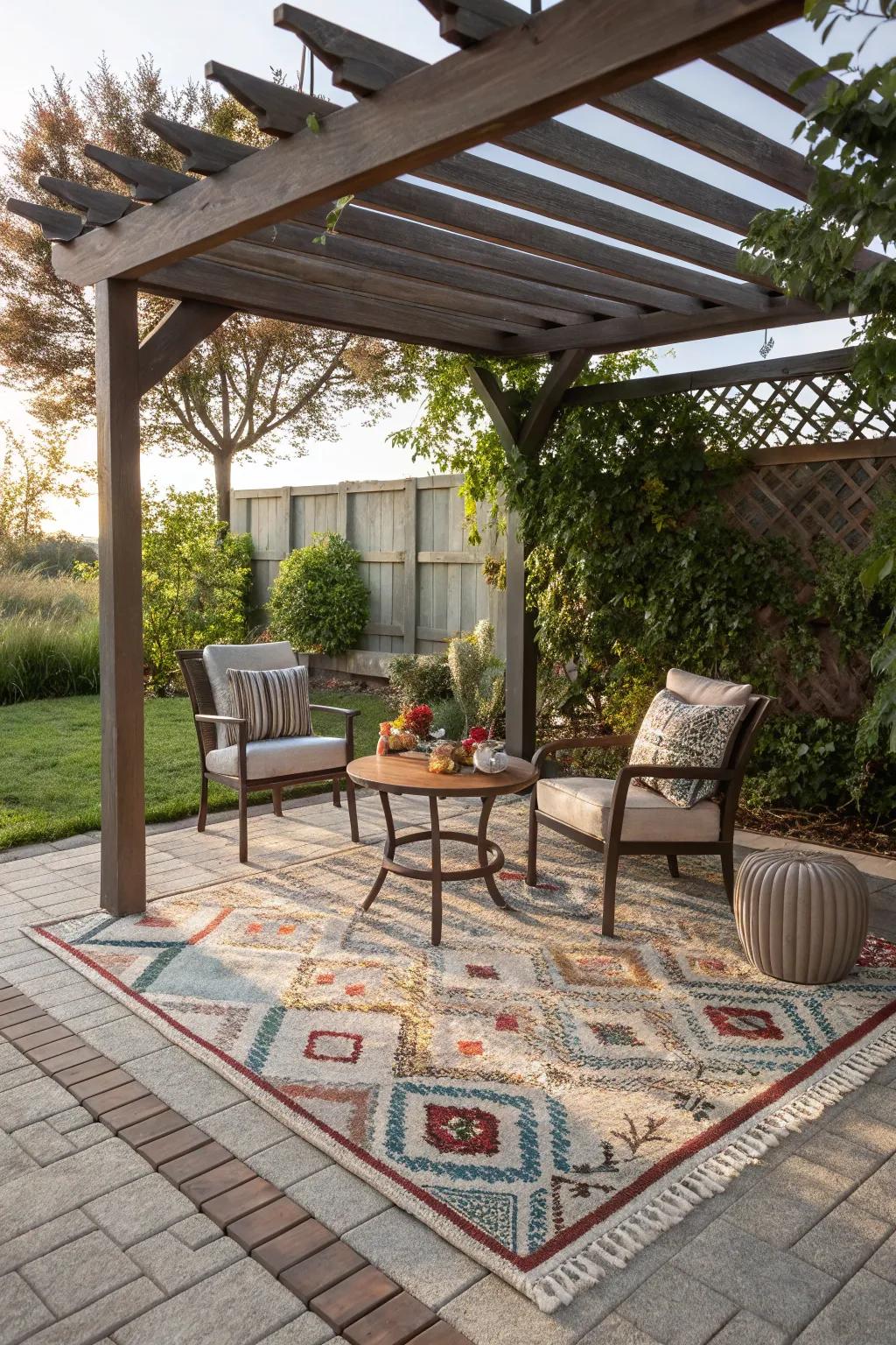 Outdoor carpets give comfort and fashion, setting your pergola's lounge area.