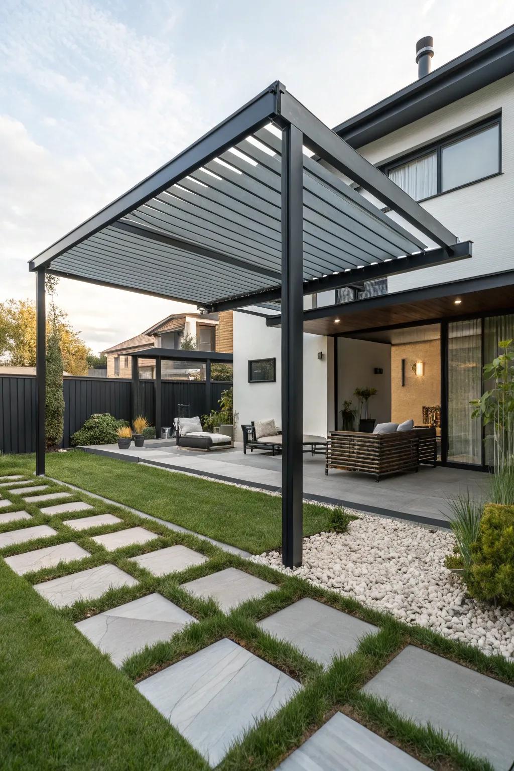 Resilience and style meet in a metal pergola roof.