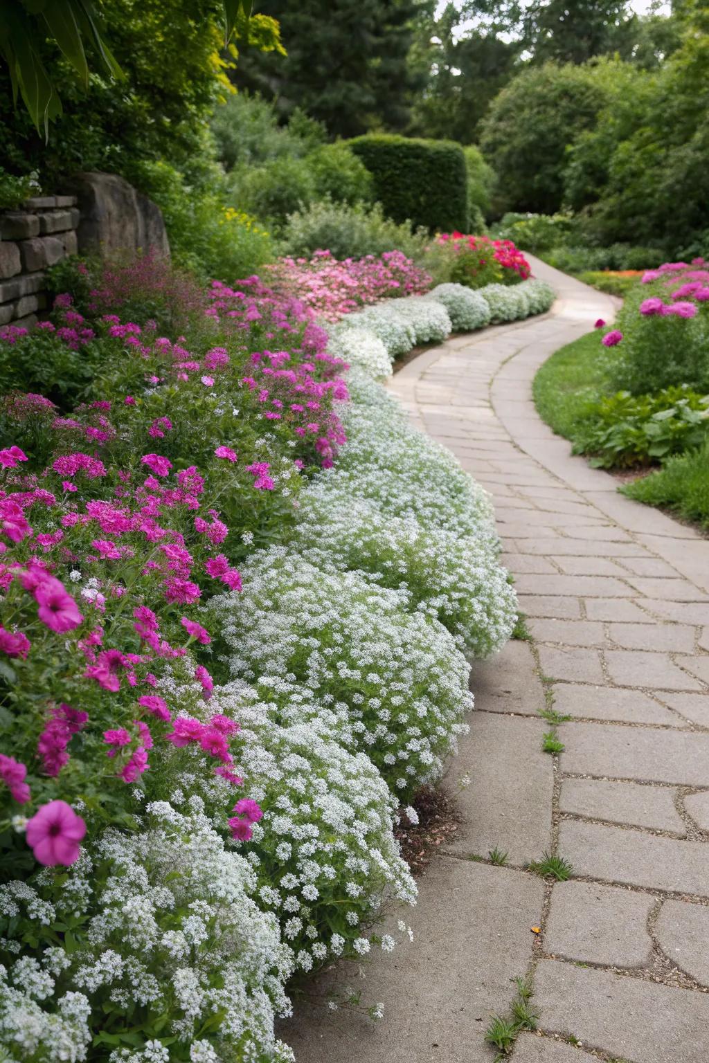 Alyssum's scent amplifies the vibrant allure of petunia-lined garden ways.