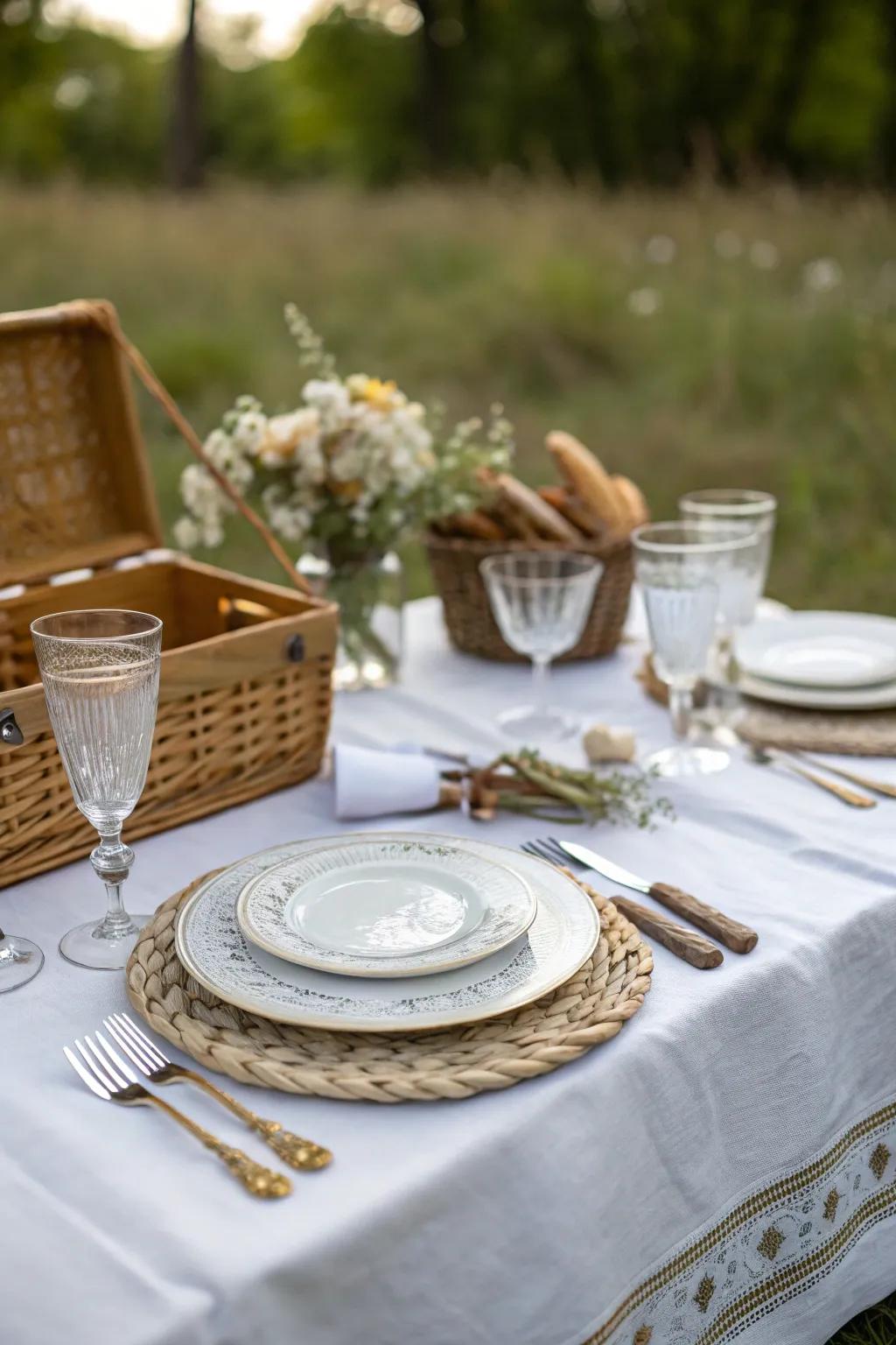 Refined tableware arrangements add a hint of sophistication to this picnic table.