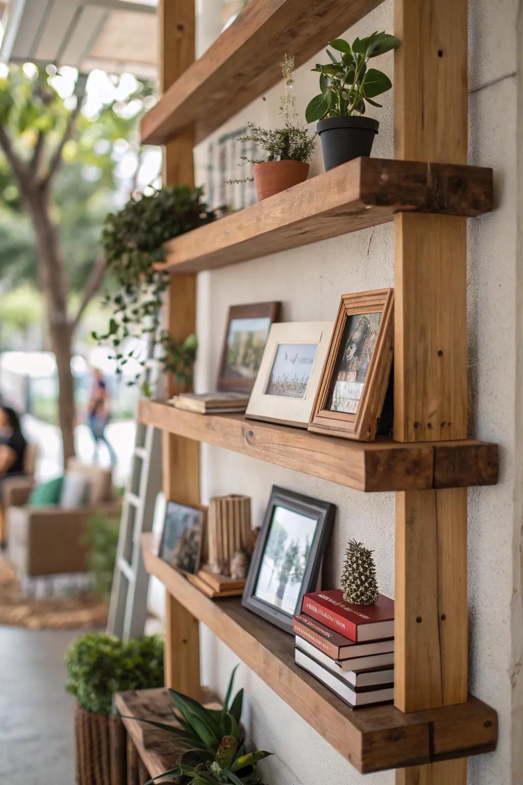 Shelves introduce depth and intrigue by combining frames with various décor pieces.