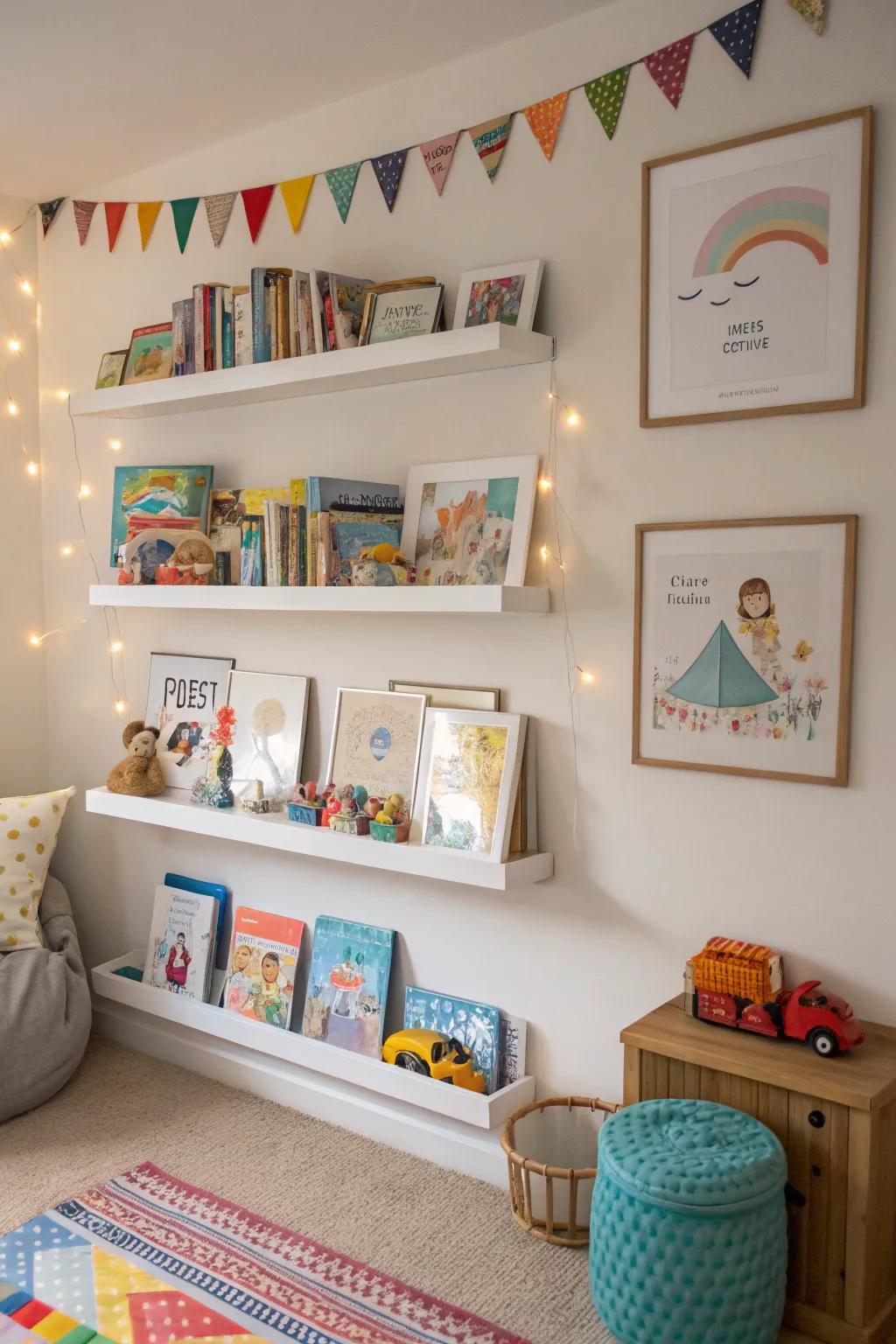 Nursery display ledges showcase books, toys, and artwork.