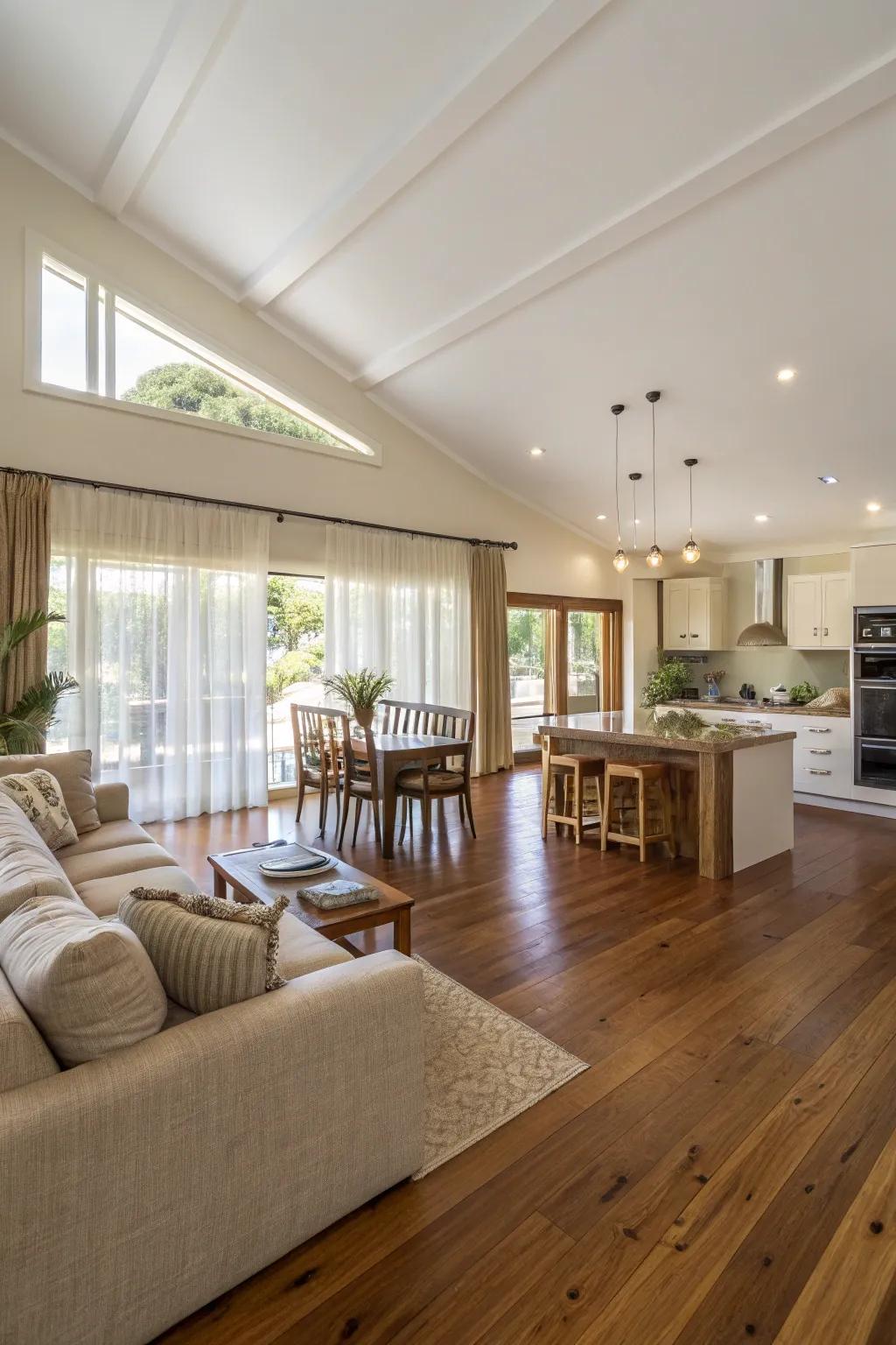 Consistent flooring enhances the flow in open-plan spaces.