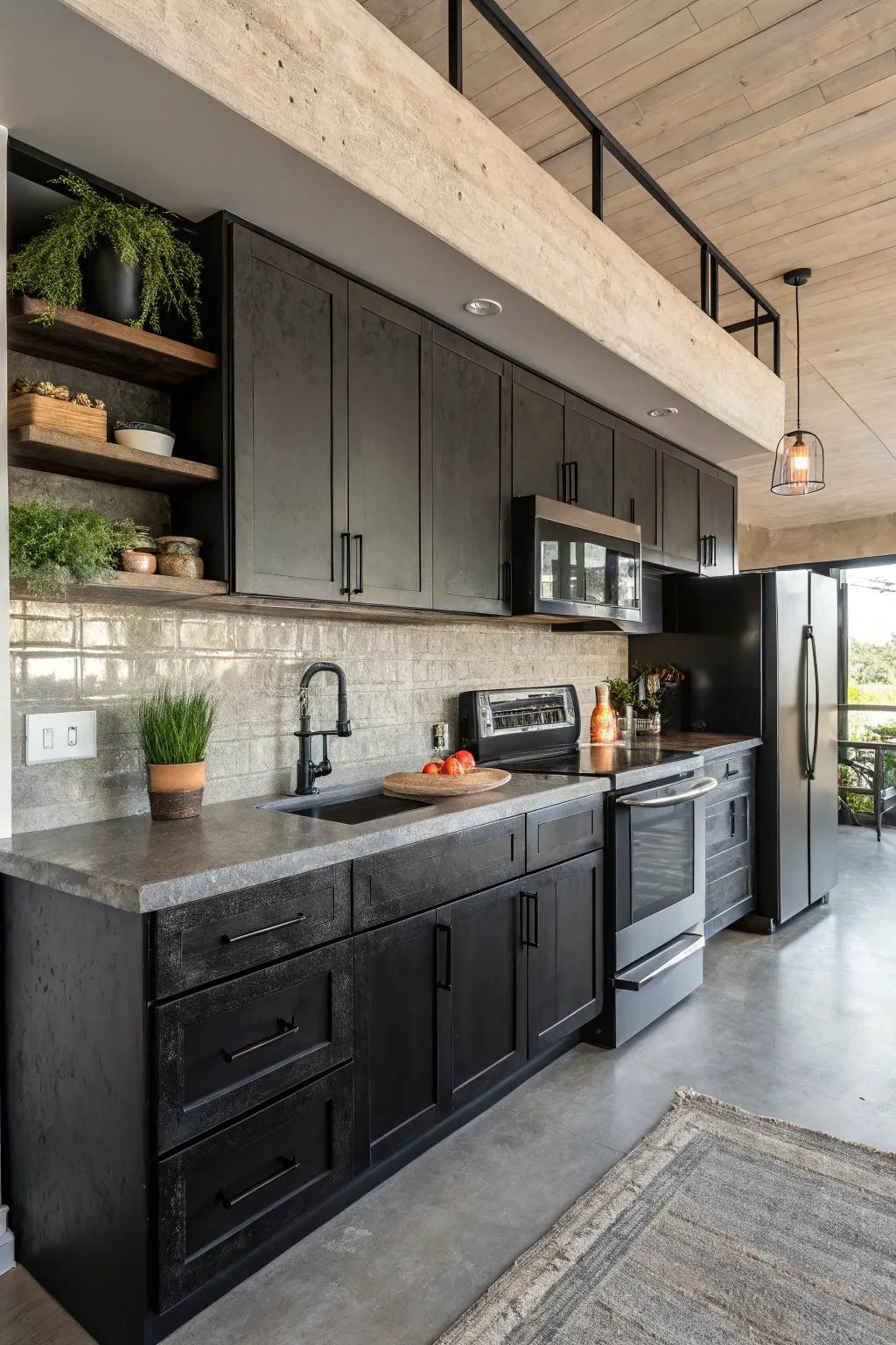 Stone and dark appliances construct an industrial yet contemporary cooking space.