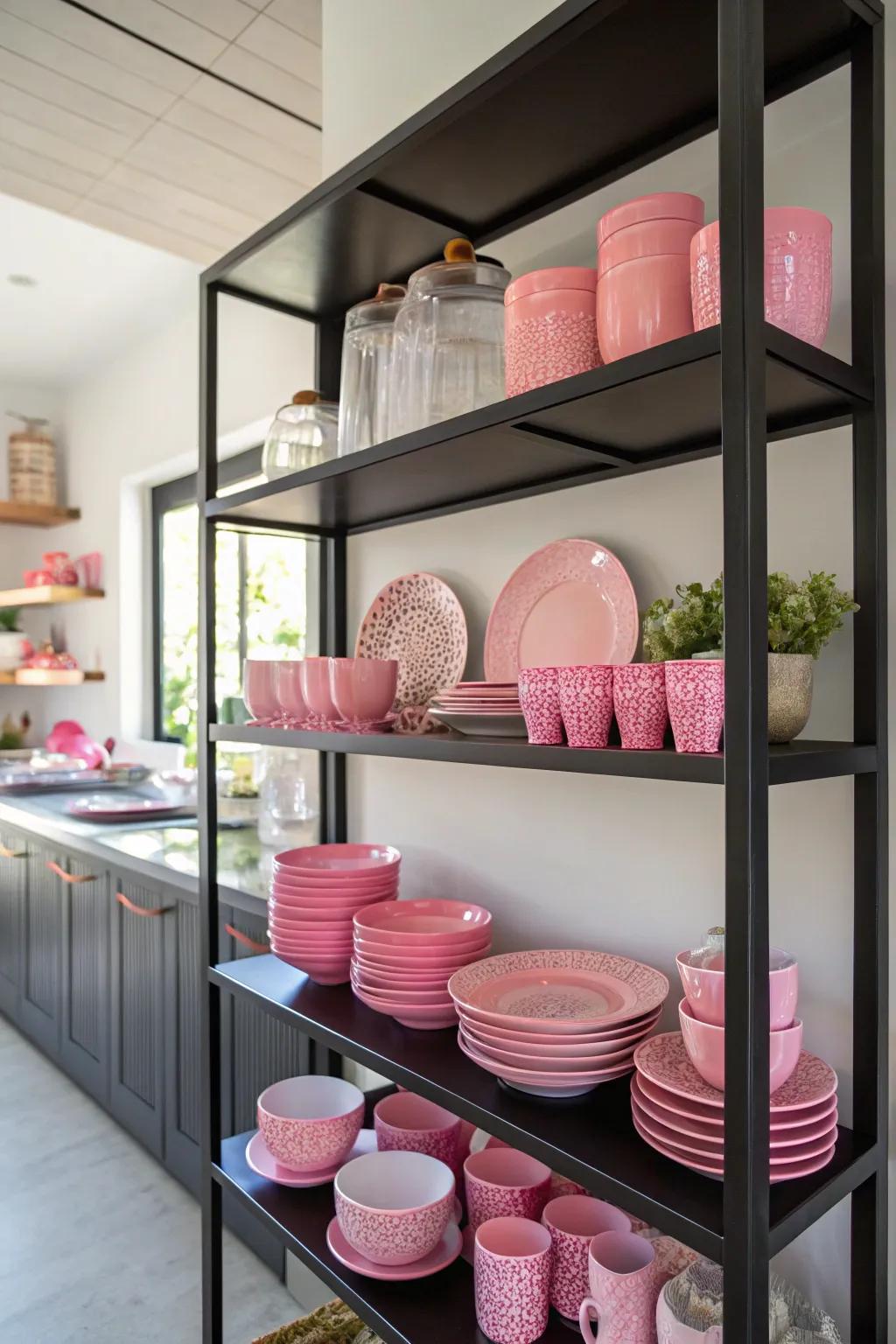 Open storage presents a useful yet stylish way to showcase your rose kitchenware.