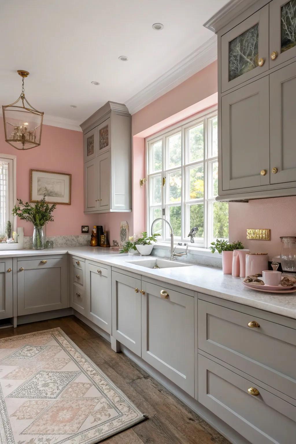 Soft rose walls matched with elegant grey units.