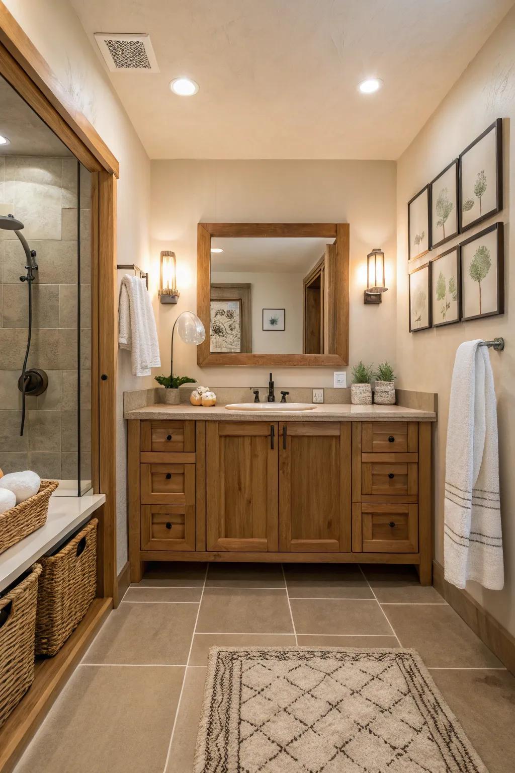 Wood adds warmth and natural beauty to bathrooms.