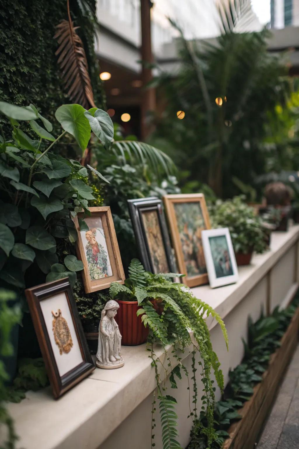 Artistic creations and sculptures lend an individual nuance to this botanical ledge.