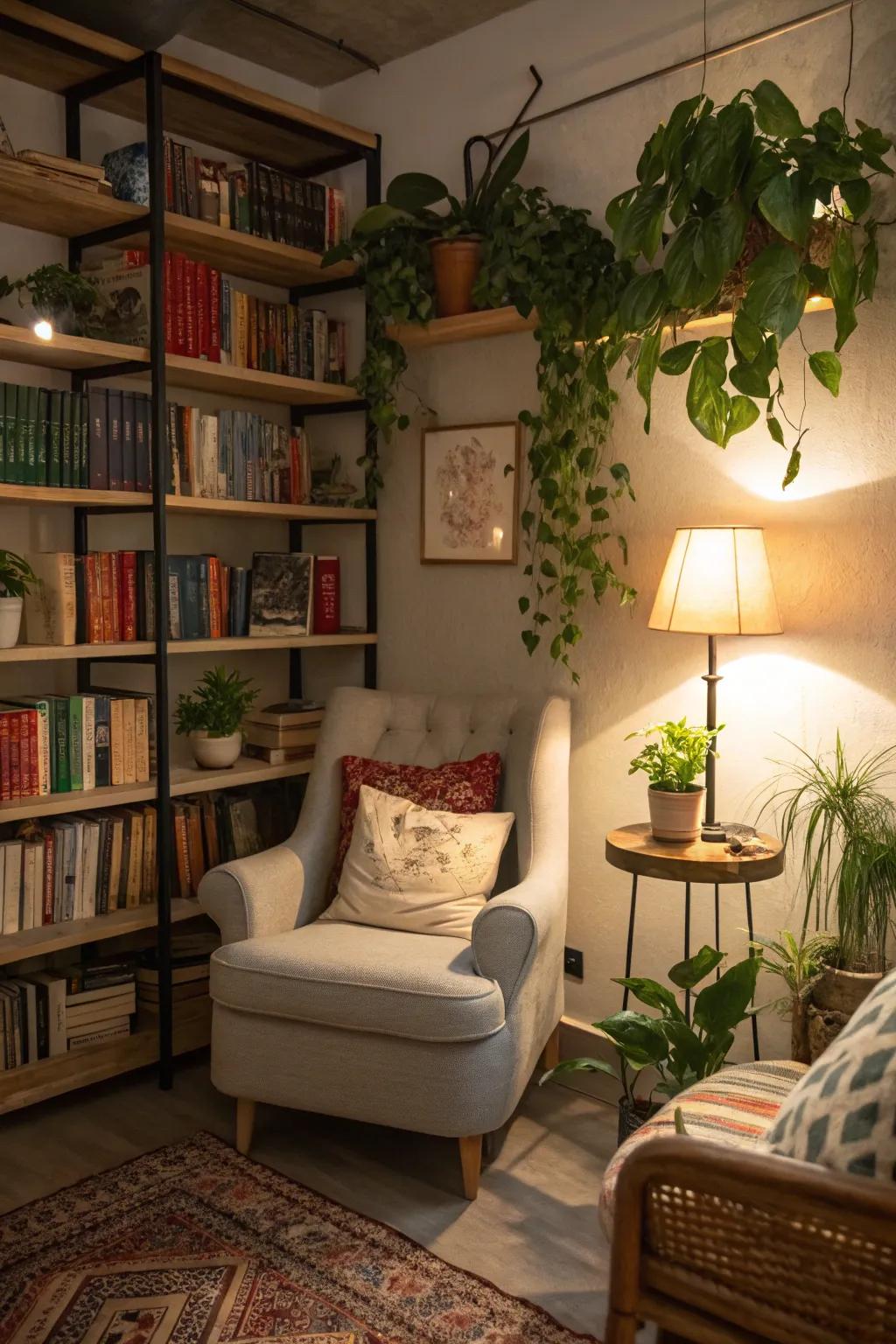 Craft a serene reading area using plant shelves.