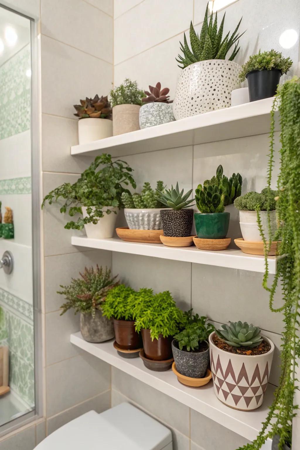 A flora shelf can infuse structure and greenery into your bathing area.