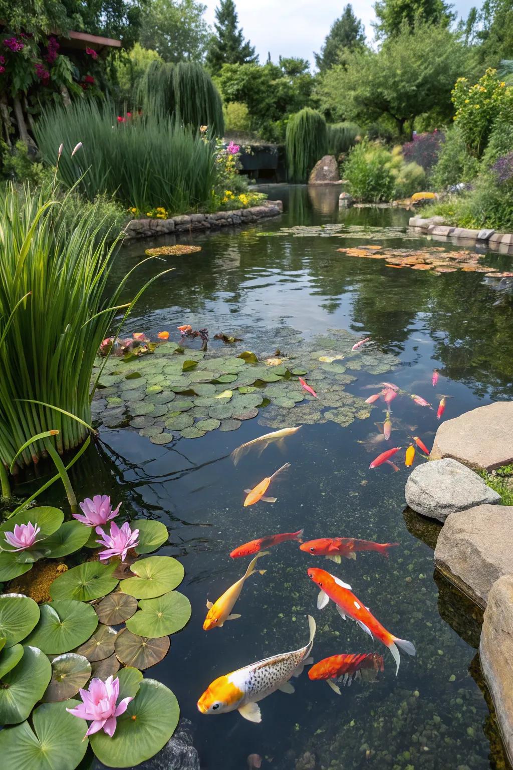 A pond abundant with vibrant fish, forming a lively ecosystem.