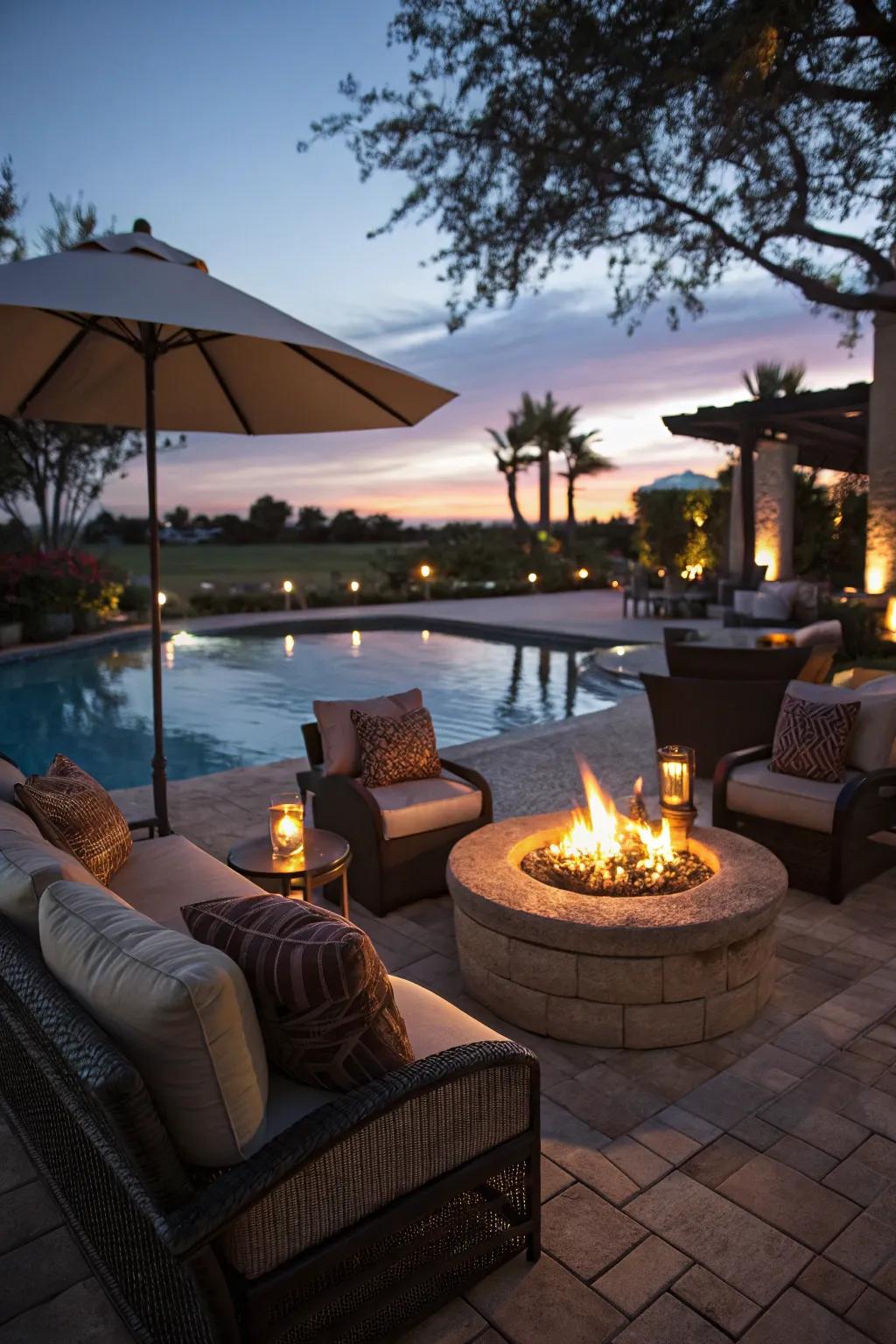 Bonfire pits bring warmth and appeal to poolside spots.