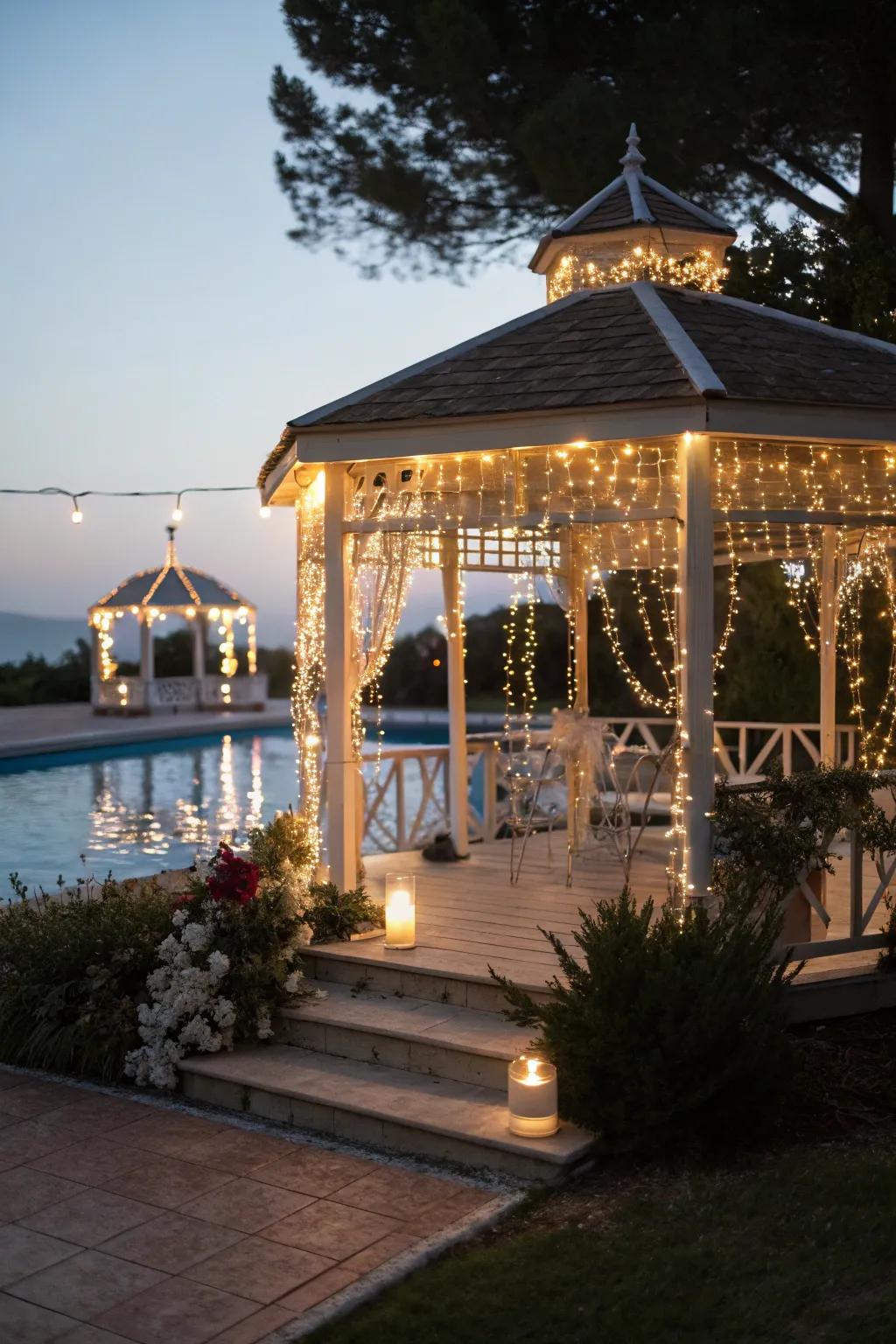 Mood lighting makes the pavilion a nighttime retreat.