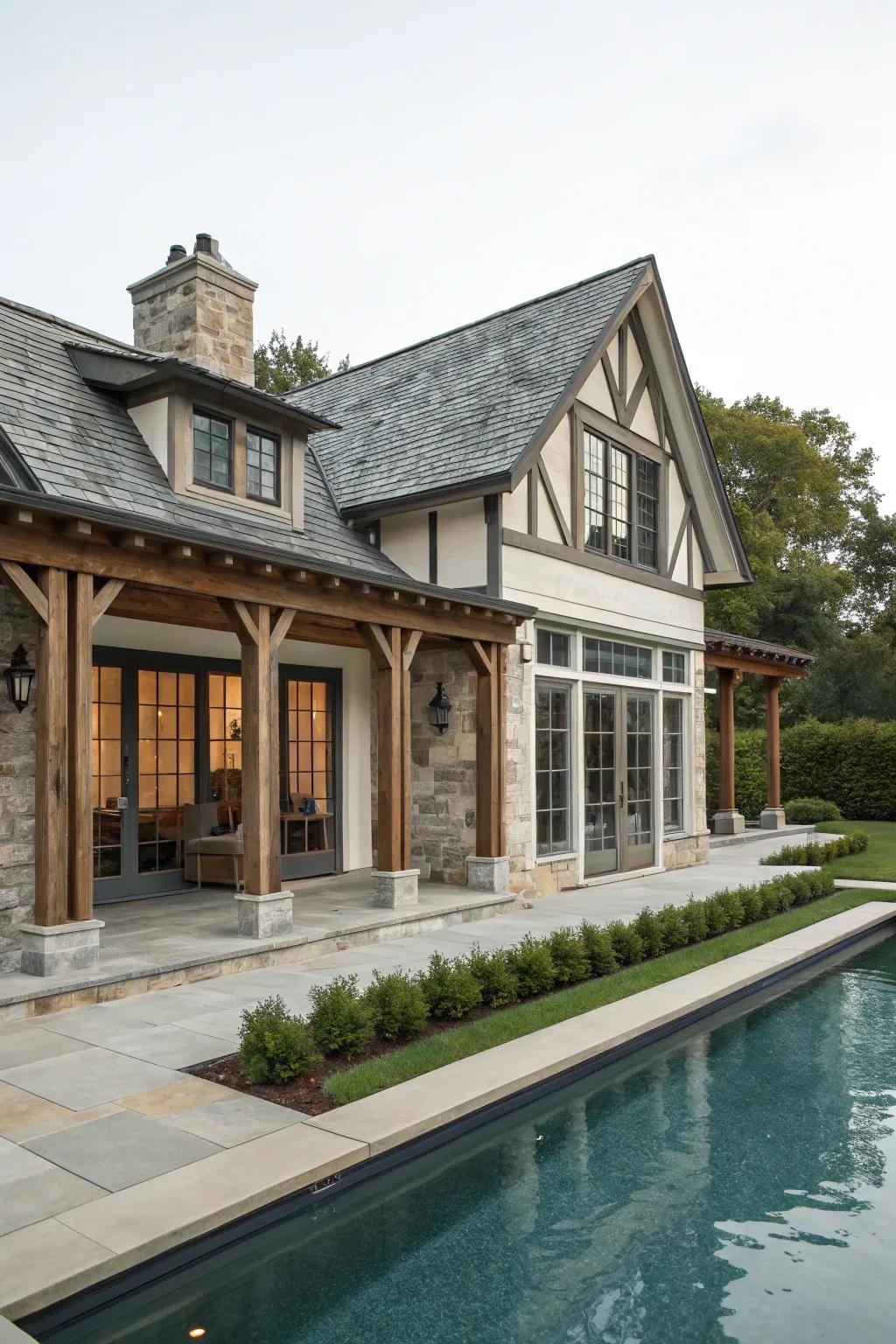 A pool house exemplifying a diverse mix of architectural influences.