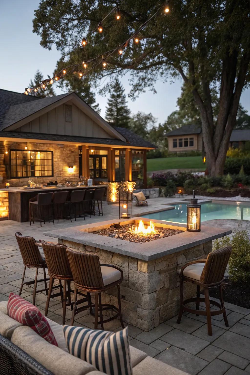 A bonfire wet bar delivers warmth and ambiance by the poolside.