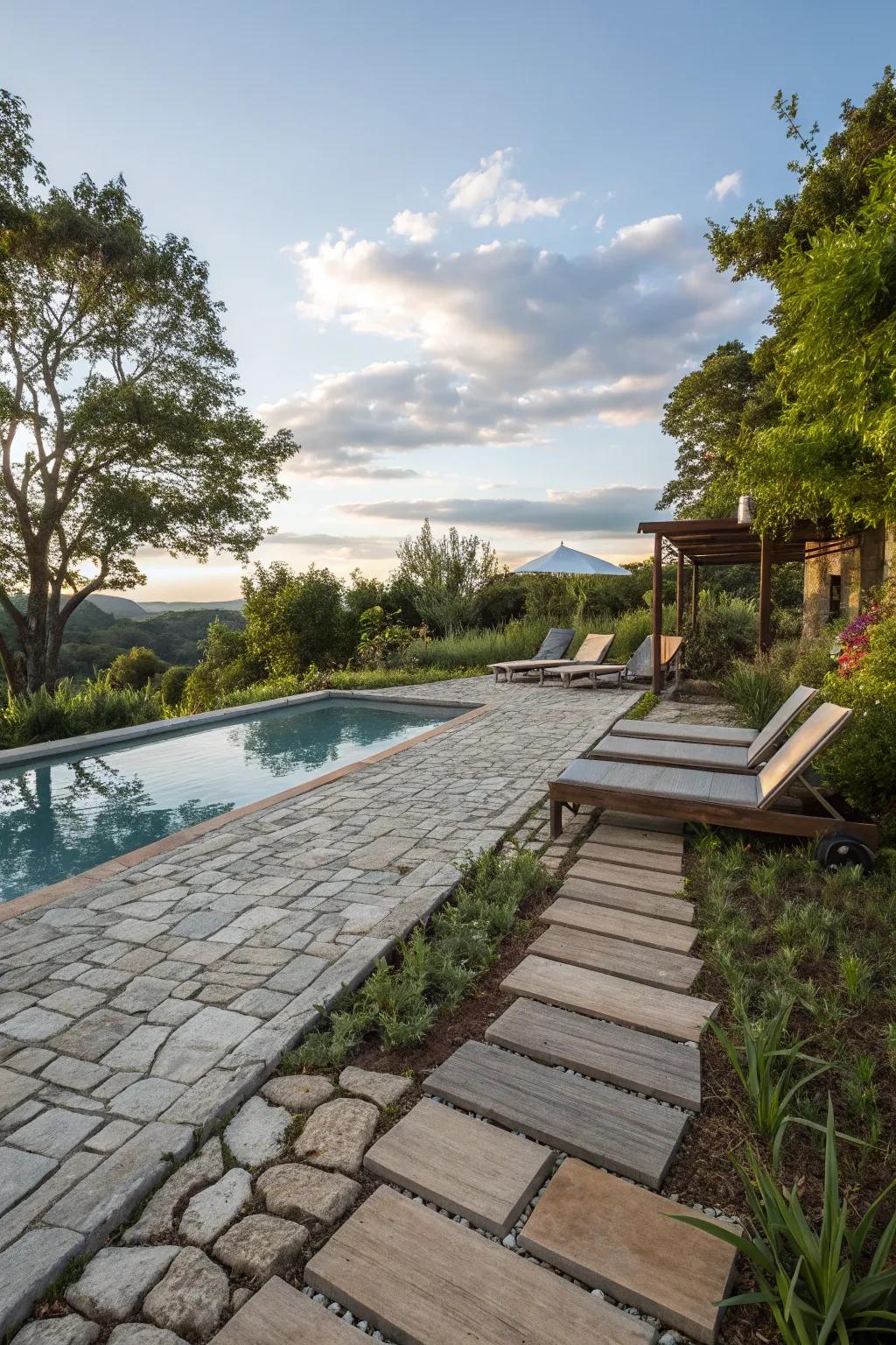 Blended materials craft a unique and custom poolside aesthetic.