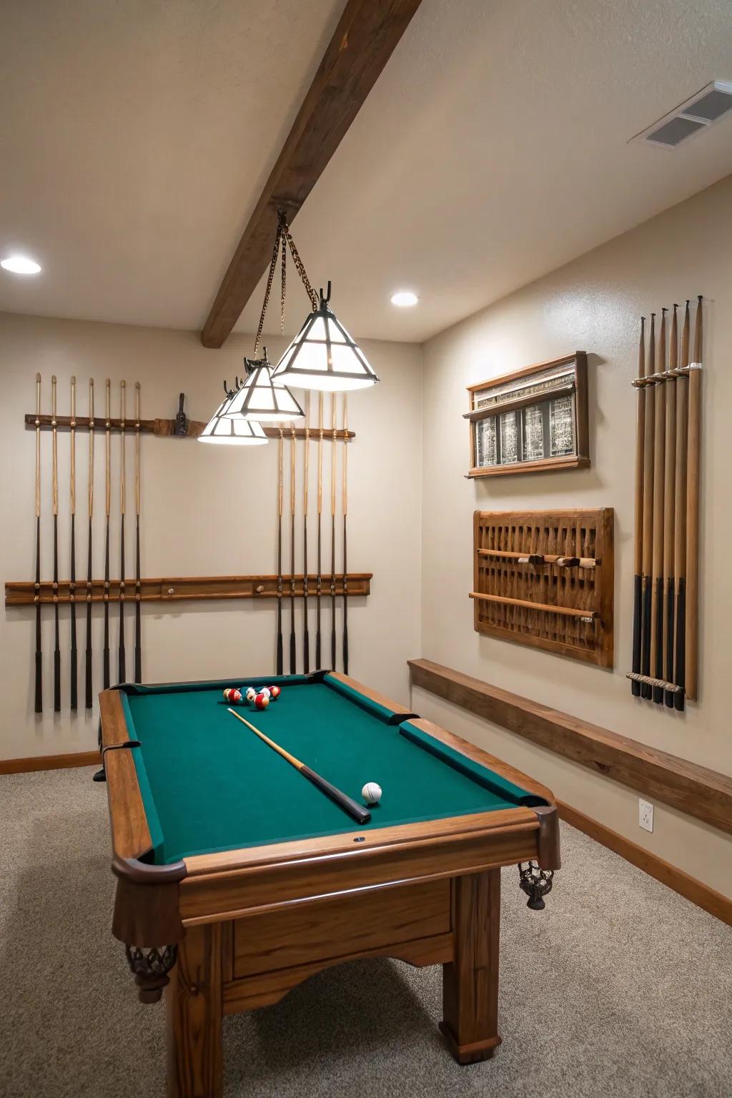 Wall-mounted storage keeps the pool table room organized and clutter-free.