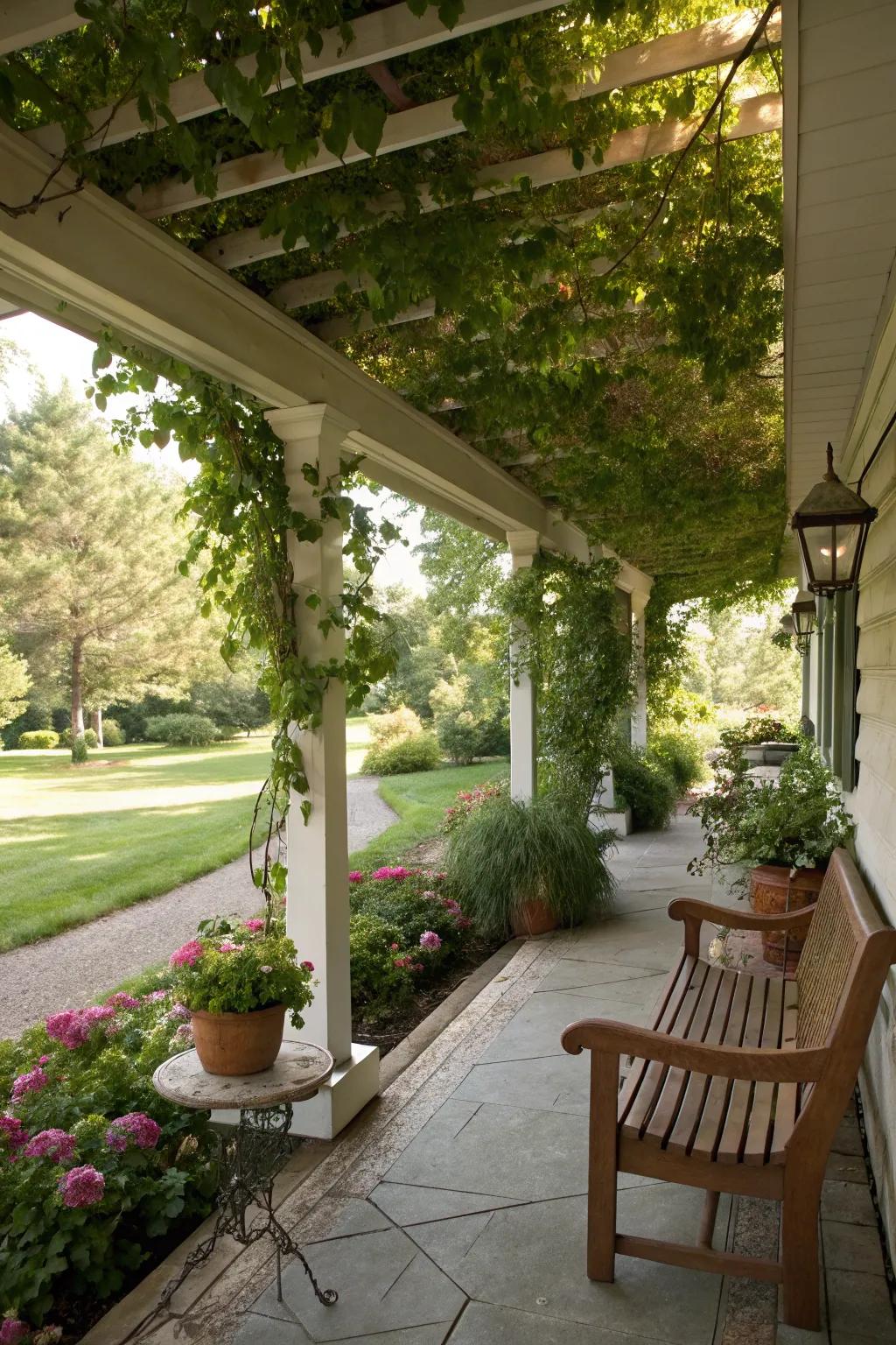 Charming garden arch with natural plants.